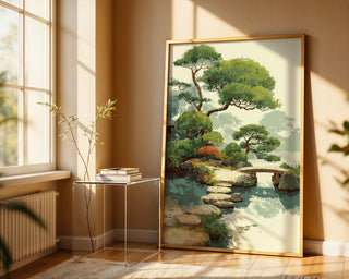 Lush Garden Pond with Bridge – Painterly Landscape - Just Great Posters