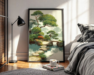 Lush Garden Pond with Bridge – Painterly Landscape - Just Great Posters