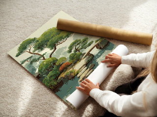 Lush Garden Pond with Bridge – Painterly Landscape - Just Great Posters