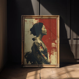 Geisha Serenity – Japanese Woman Portrait Art Print in Red and Beige - Just Great Posters