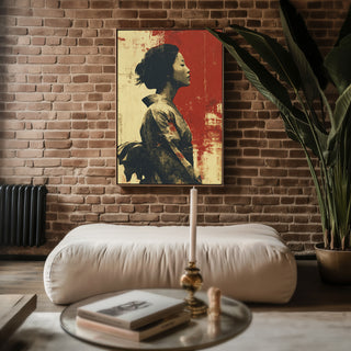 Geisha Serenity – Japanese Woman Portrait Art Print in Red and Beige - Just Great Posters