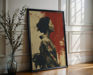 Geisha Serenity – Japanese Woman Portrait Art Print in Red and Beige - Just Great Posters