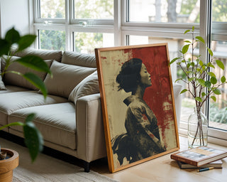 Geisha Serenity – Japanese Woman Portrait Art Print in Red and Beige - Just Great Posters