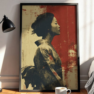 Geisha Serenity – Japanese Woman Portrait Art Print in Red and Beige - Just Great Posters