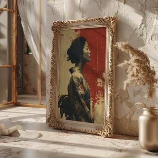 Geisha Serenity – Japanese Woman Portrait Art Print in Red and Beige - Just Great Posters