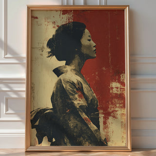 Geisha Serenity – Japanese Woman Portrait Art Print in Red and Beige - Just Great Posters