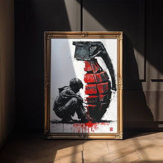Boy with Grenade Poster – Gritty Political Street Art Print in Red and Black - Just Great Posters
