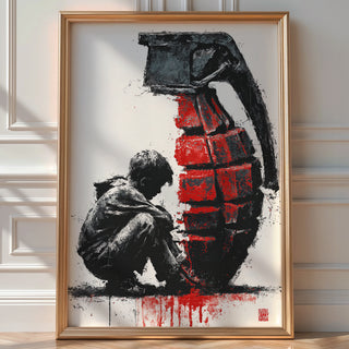 Boy with Grenade Poster – Gritty Political Street Art Print in Red and Black - Just Great Posters