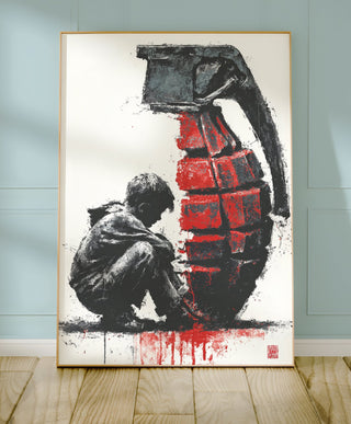 Boy with Grenade Poster – Gritty Political Street Art Print in Red and Black - Just Great Posters