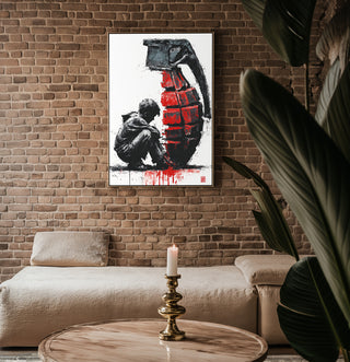 Boy with Grenade Poster – Gritty Political Street Art Print in Red and Black - Just Great Posters