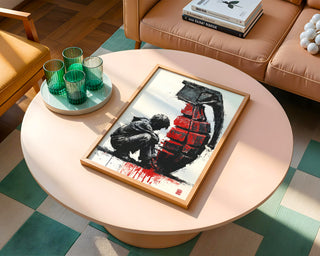 Boy with Grenade Poster – Gritty Political Street Art Print in Red and Black - Just Great Posters