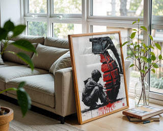 Boy with Grenade Poster – Gritty Political Street Art Print in Red and Black - Just Great Posters