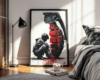 Boy with Grenade Poster – Gritty Political Street Art Print in Red and Black - Just Great Posters