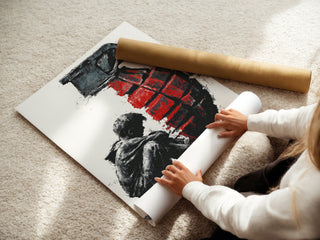 Boy with Grenade Poster – Gritty Political Street Art Print in Red and Black - Just Great Posters