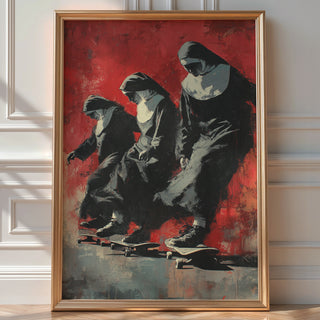 Skateboarding Nuns Poster – Rebellious Religious Art with Street Style Twist - Just Great Posters