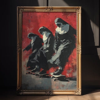 Skateboarding Nuns Poster – Rebellious Religious Art with Street Style Twist - Just Great Posters