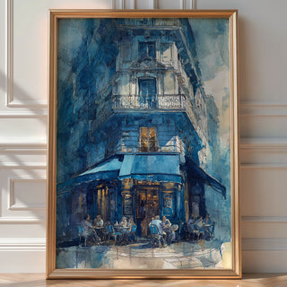 Paris Café Corner – Blue Façade Watercolor Print - Just Great Posters