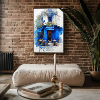 Paris Café Corner – Blue Façade Watercolor Print - Just Great Posters