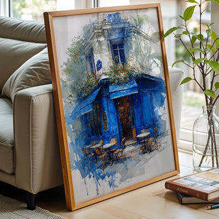 Paris Café Corner – Blue Façade Watercolor Print - Just Great Posters