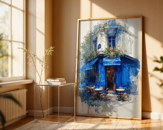 Paris Café Corner – Blue Façade Watercolor Print - Just Great Posters