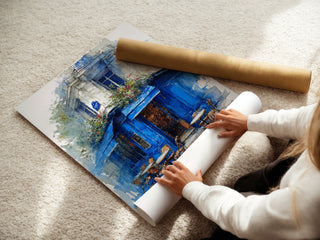 Paris Café Corner – Blue Façade Watercolor Print - Just Great Posters