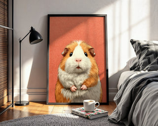 Guinea Pig Portrait – Cute Coral Background Art Print - Just Great Posters