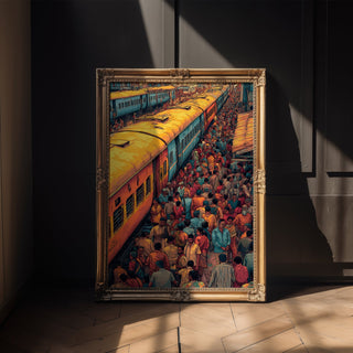 Indian Train Station Chaos – Vibrant Crowd & Railway Art Print - Just Great Posters
