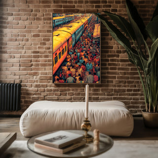Indian Train Station Chaos – Vibrant Crowd & Railway Art Print - Just Great Posters
