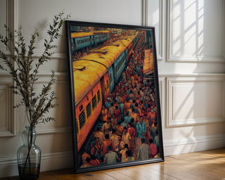 Indian Train Station Chaos – Vibrant Crowd & Railway Art Print - Just Great Posters