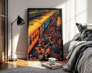 Indian Train Station Chaos – Vibrant Crowd & Railway Art Print - Just Great Posters