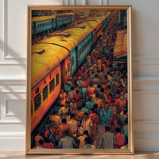 Indian Train Station Chaos – Vibrant Crowd & Railway Art Print - Just Great Posters