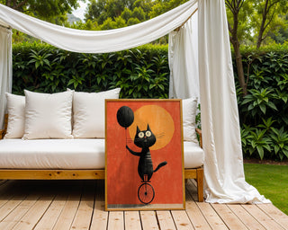 Unicycle Cat & Balloon Poster – Whimsical Cartoon Pet Print - Just Great Posters
