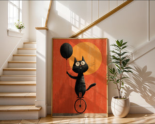 Unicycle Cat & Balloon Poster – Whimsical Cartoon Pet Print - Just Great Posters