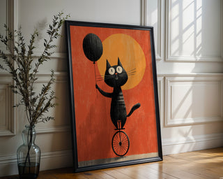 Unicycle Cat & Balloon Poster – Whimsical Cartoon Pet Print - Just Great Posters