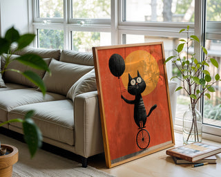Unicycle Cat & Balloon Poster – Whimsical Cartoon Pet Print - Just Great Posters