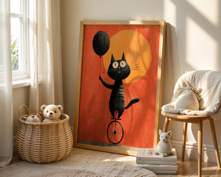 Unicycle Cat & Balloon Poster – Whimsical Cartoon Pet Print - Just Great Posters