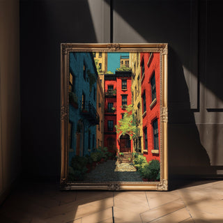 Colorful Courtyard Cityscape Poster – Urban Garden Wall Art Print - Just Great Posters