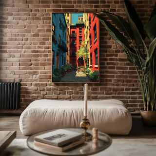 Colorful Courtyard Cityscape Poster – Urban Garden Wall Art Print - Just Great Posters