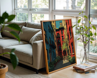 Colorful Courtyard Cityscape Poster – Urban Garden Wall Art Print - Just Great Posters