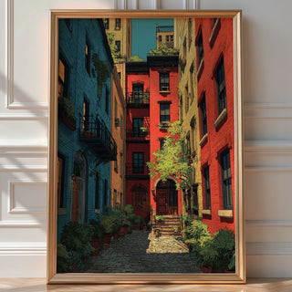 Colorful Courtyard Cityscape Poster – Urban Garden Wall Art Print - Just Great Posters