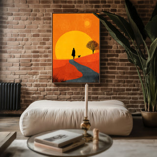 Sunset Stroll Silhouette Poster – Modern Dog Walk Art Print - Just Great Posters