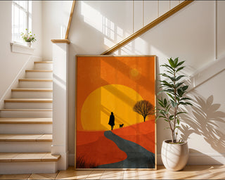 Sunset Stroll Silhouette Poster – Modern Dog Walk Art Print - Just Great Posters