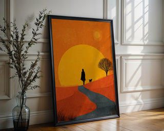 Sunset Stroll Silhouette Poster – Modern Dog Walk Art Print - Just Great Posters