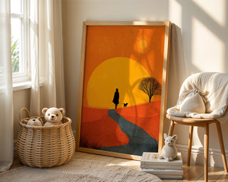 Sunset Stroll Silhouette Poster – Modern Dog Walk Art Print - Just Great Posters