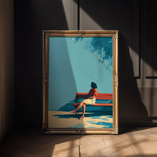 Minimalist Woman on Bench Poster – Summer Shade Wall Art Print - Just Great Posters