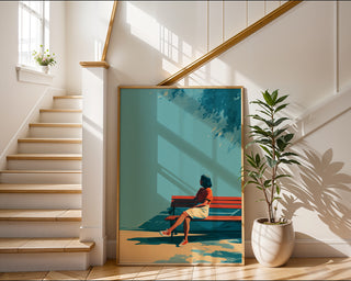 Minimalist Woman on Bench Poster – Summer Shade Wall Art Print - Just Great Posters