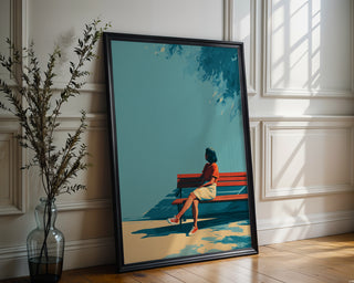 Minimalist Woman on Bench Poster – Summer Shade Wall Art Print - Just Great Posters
