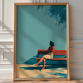 Minimalist Woman on Bench Poster – Summer Shade Wall Art Print - Just Great Posters
