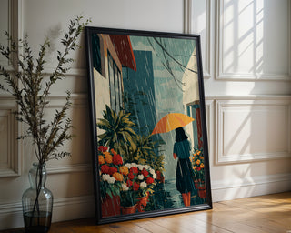 Rain Garden Umbrella Poster – Moody Floral Rain Art Print - Just Great Posters