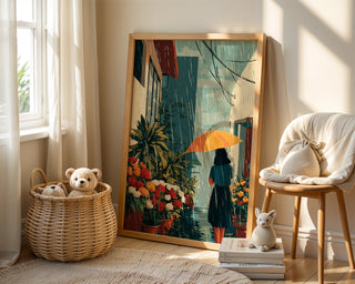 Rain Garden Umbrella Poster – Moody Floral Rain Art Print - Just Great Posters